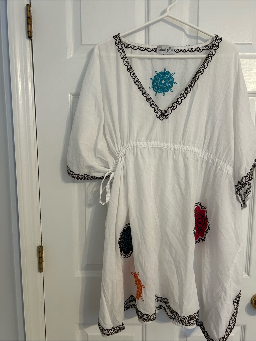 Mud Pie White Swim Coverup with Brown Trim and Multicolor Medallion Embroidery